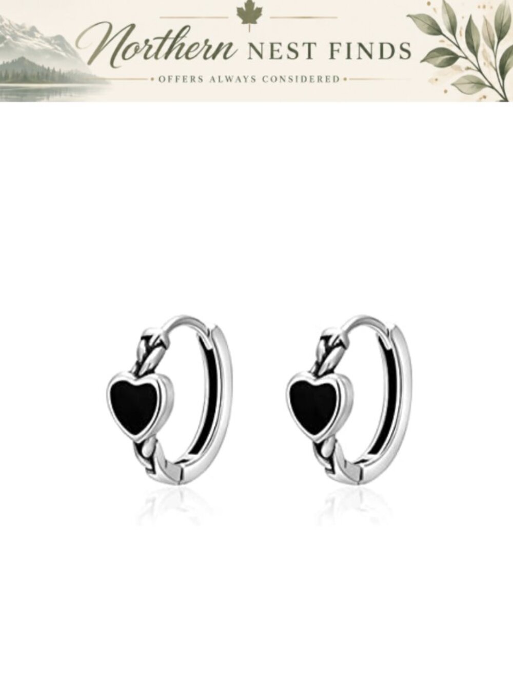 925 Sterling Silver Black Heart Huggie Hoop Earrings Women Retro Punk